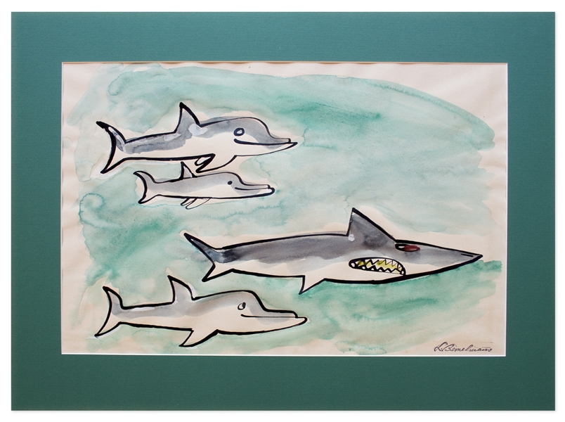 Ludwig Bemelmans Watercolor From ''Marina'', Measuring 24'' x 16.5'' -- Featuring the Shark Who Swallows Marina & the Porpoises Who Save Her